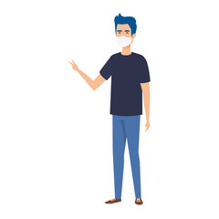 young man waving using face mask isolated icon vector illustration design