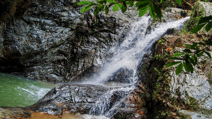 Motion Blur Waterfalls Peaceful Nature Landscape in Blue Ridge Mountains with lush green trees, rocks and flowing water