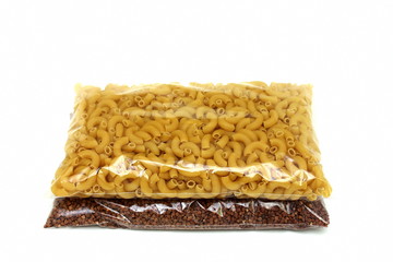 Buckwheat and pasta in polythene bags