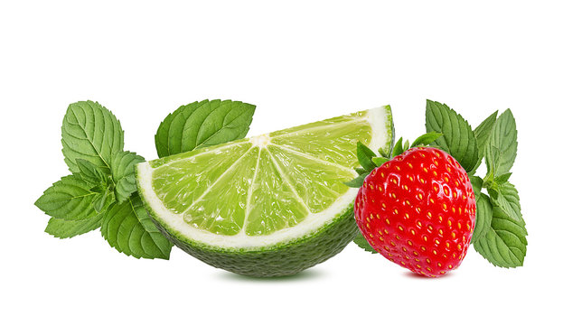 lime,mint and strawberry. isolated on white background
