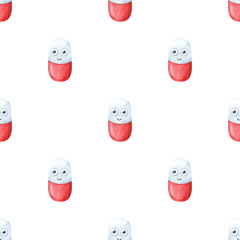 Seamless pattern with red pills. Funny medical characters. Cartoon tablets on a white background. Pharmaceutical print for fabric, packaging, design. Stock image . Funny medicines, vitamins