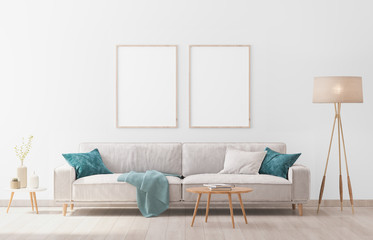 mock up modern interior of blue and white furniture in living room, empty wall, 3D render	