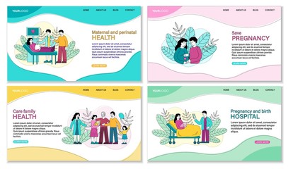 Set of four Pregnancy related templates showing a family with newborn at a doctor, couple bonding with their unborn child, woman in hospital and having a scan, vector illustration with copy space