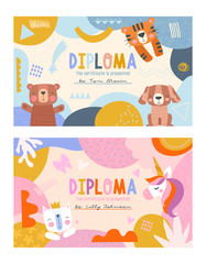 Diploma templates for boys and girls in pink and blue with cute little cartoon animals and decorations around central copy space. vector illustration