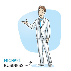 Happy young man in business suit holding hand as if explaining or presenting something (e.g product). Hand drawn cartoon sketch vector illustration, whiteboard marker style coloring. 