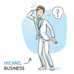 Young man in business suit holding a hand above his eyes, searching for something. Hand drawn cartoon sketch vector illustration, whiteboard marker style coloring. 
