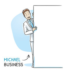 Happy and interested young man in business suit peering behind a wall. Hand drawn cartoon sketch vector illustration, whiteboard marker style coloring. 