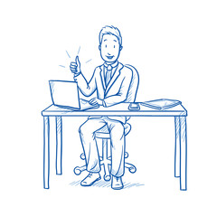 Happy business man, employee at his desk with laptop, tablet showing thumb up, looking satisfied.  Hand drawn line art cartoon vector illustration