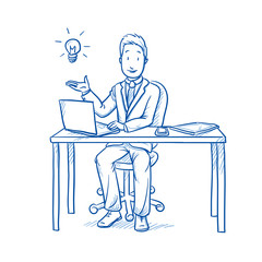 Happy business man, employee at his desk with laptop, tablet and smart phone holding hand with light bulb. Concept for idea. Hand drawn line art cartoon vector illustration 