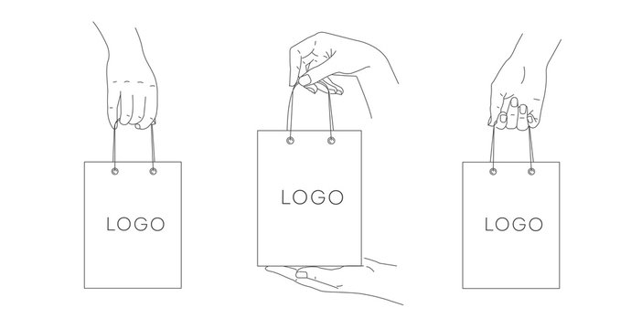 Set of simple line illustrations of hands holding shopping bags, different view and hand position, isolated