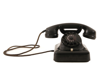 Black classic retro phone with landline cable isolated on white