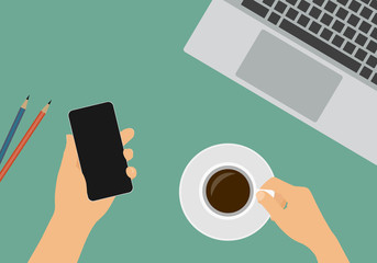 Flat design cartoon illustration of workplace with desk, hands holding coffee cup and mobile phone. Laptop and two pencils isolated on green background, vector - Powered by Adobe