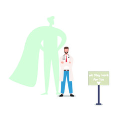 Male doctor with superhero shadow behind his back. Hospital staff, heroes of medicine, are fighting the coronavirus pandemic, the epidemic. Vector illustration of EPS 10
