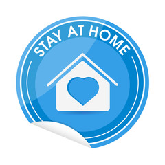Blue round sticker that tells you stay at home. Spreading corona virus. Coronavirus COVID-19 protection, medical health. On white background.