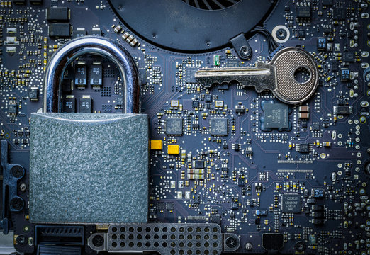 Cyber security lock. Security computer Data Internet protection with lock, key on microscheme chip. Hacker attack and data breach, information leak concept.