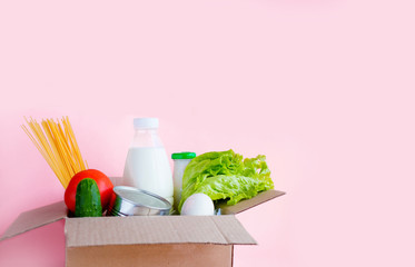 Donation box with food. Set of food products.