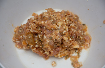 Meat material for sarmale ,Sarmale, traditional Romanian food, rice in pickled cabbage leaves