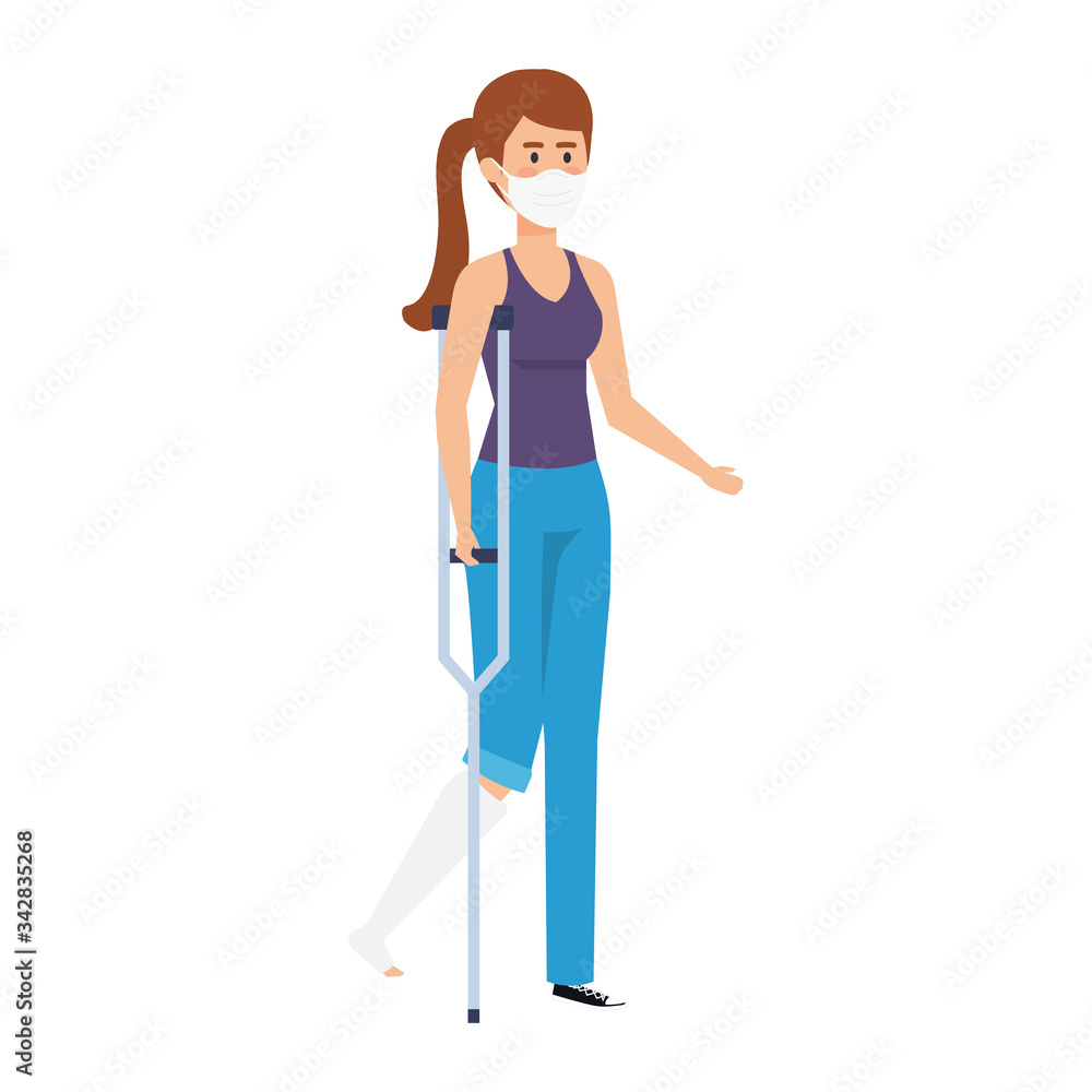 Poster woman with crutch using face mask vector illustration design