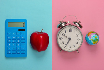 Back to school. School and office supplies on blue pink pastel background. Educational, study concept. Top view.