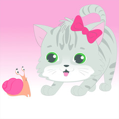 Cute little cat and snail vector character illustration. Kitten collectrion