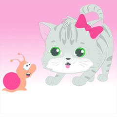 Sweet little cat and snail vector character illustration