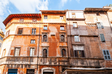 Fototapeta na wymiar Old buildings in the Jewish quarter of Rome, Lazio in Italy.