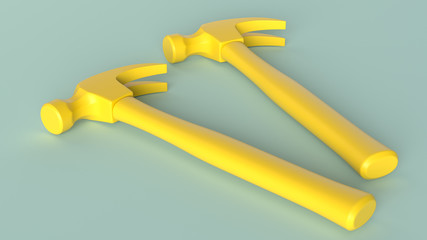 Two yellow monochromatic hammers on the green background. 3d render.