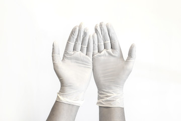 Paramedic doctor hands palms up in medical gloves. Health and protection concept