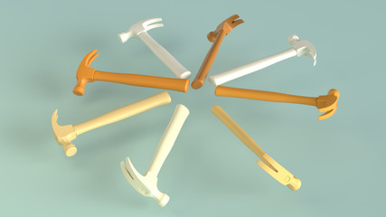 The radial group of colorful monochromatic hammers on the green background. 3d render.