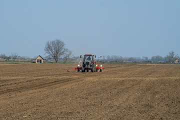 Obraz premium Farmer with tractor seeding. Sowing crops at agricultural fields in spring