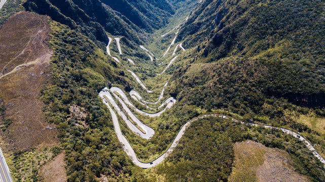 Aerial view of Serra do Rio do Rastro, in the Serra Catarinense. (Route Sierra of the trail river). Most beautiful and incredible road in Brazil