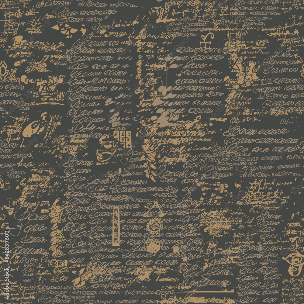 Poster vector seamless pattern, repeating background with unreadable scribbles imitating handwritten text o