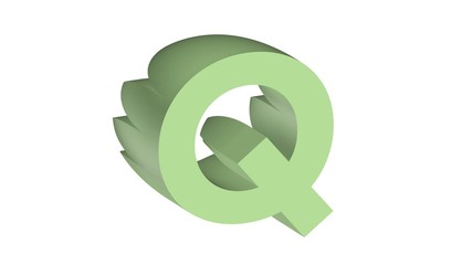 3D ENGLISH ALPHABET MADE OF ABSTRACT LIGHT GREEN LEAF SHAPED BLOCKS : Q