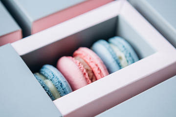 French cookies of different colors are packed in rectangular packages. Copy space