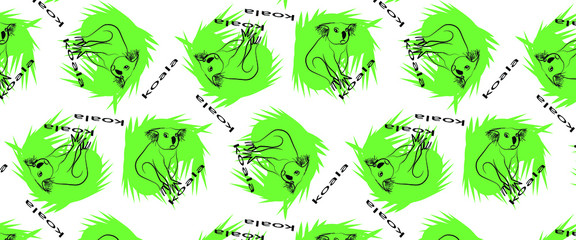 
Koala pattern on green foliage. Contour image. Lettering koala. Wallpaper baby tissue wrappers