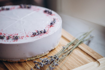 mouthwatering cheesecake with lavender blue and purple on the table in the cafe