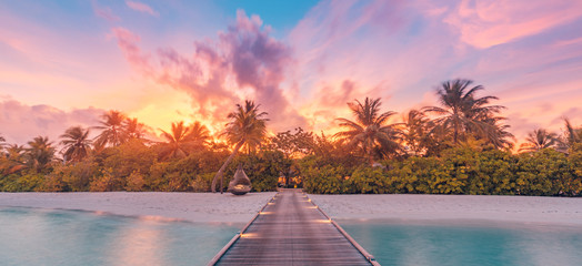 Landscape of paradise tropical island beach, sunrise sunset view. Exotic scenery, palm trees, soft...