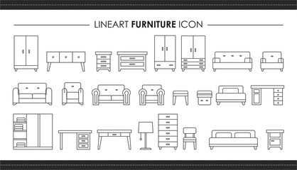 Set room furniture and hand drawn line icons. Outline illustration of interior architecture vector for web design
