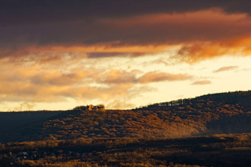Pajstun castle ruin on the hill in the sunset,Slovakia