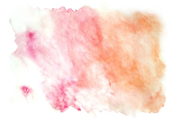 Abstract watercolor pink and orange background on white isolated background. Spring color.