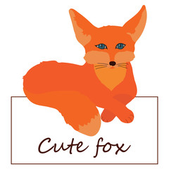 Cute little red fox lies and looks forward. Isolated character on a white background in flat style. Template with copyspace for website, social media. Can be used as mascot