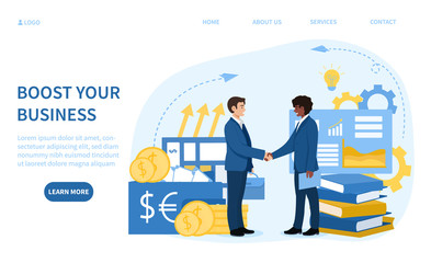 Boost Your Business as two diverse businessmen shake hands over partnership or deal surrounded by business and money icons, large pre-existing databases in order to generate new information.