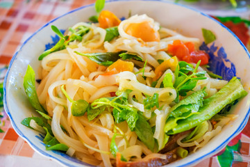 Vietnamese noodle Mi Quang at Tra Que vegetable village, Hoi An old town, Vietnam