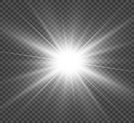 White beautiful light explodes with a transparent explosion. Vector, bright illustration for perfect effect with sparkles. Bright Star. Transparent shine of the gloss gradient, bright flash.