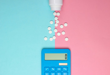 Calculation of the cost of medical expenses. Calculator and pills bottle on blue-pink pastel background. Top view. Minimalism