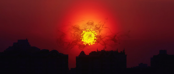 Coronavirus with dramatic sunset over large city landscape of Moscow