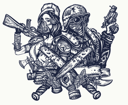 Post apocalypse tattoo and t-shirt design. Soldier woman in gas mask and futuristic warrior with weapon in hand. Doomsday, survival people. Post apocalyptic future. Game art. Dark crime future