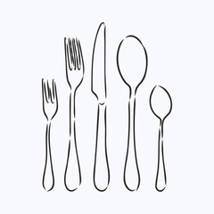 Rough Cutlery Illustration - Brown handmade illustration of cutlery isolated on white background. Cutlery fork and knife, vector sketch illustration