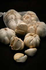 Fototapeta premium Bulbil, head and net of garlic on a dark background