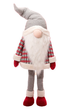 Duende navide&ntilde;o, rojo con gris, mu&ntilde;eco con larga barba, no se le ven los ojos, sobre fondo blanco, moderno y simp&aacute;tico. 
